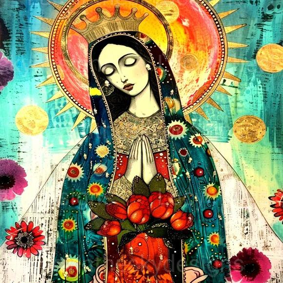 Holy Mother Mary Sacred Heart Folk Art Print Bright Wall Decor - Picture 2 of 4